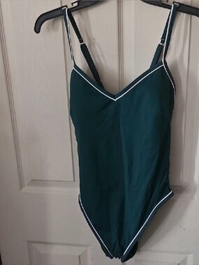 Shade & Shore Dark Teal One-Piece Swimsuit with White Trim